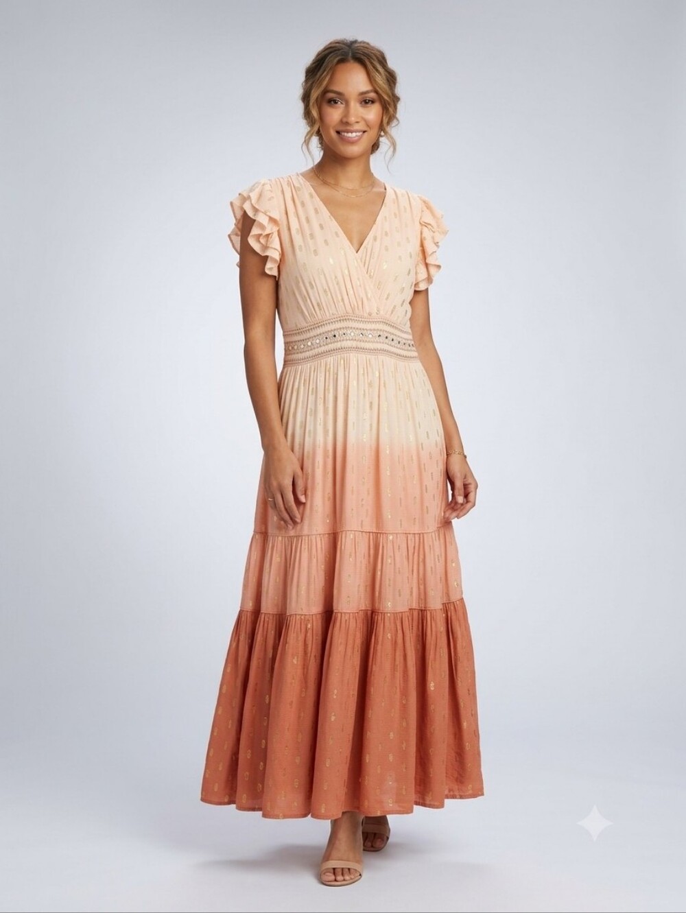 Sweet Magnolia Ombre Gold Foil Boho Maxi Dress Size L Boho Festival